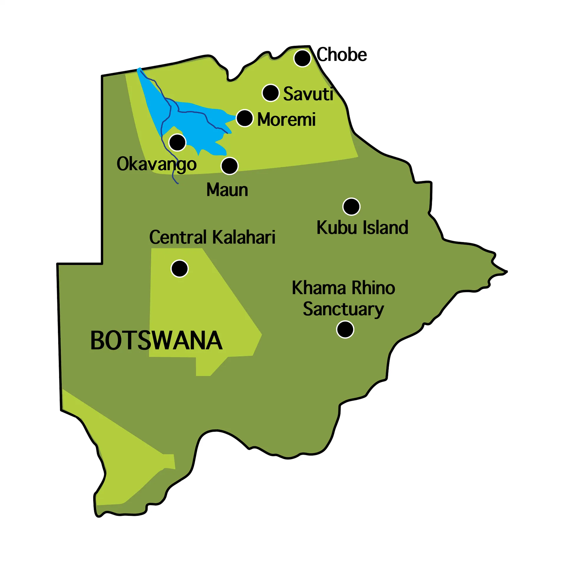 A map showing key highlights in Botswana